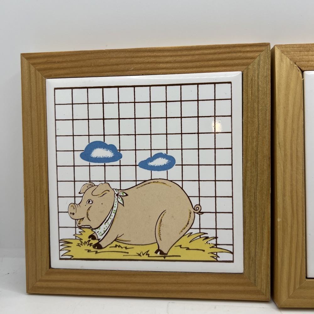 2 PIG LOVERS Vintage Ceramic Kitchen Decor, Pig Ceramic in Wood Frame 5.5"